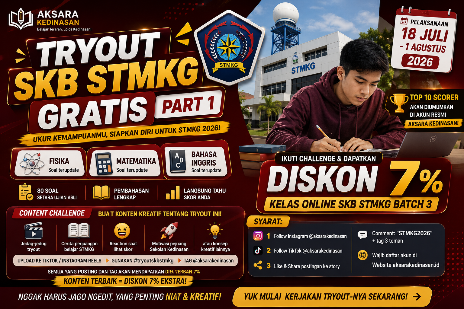 Ikuti Trial Class SKB STMKG 2026 GRATIS dan pelajari strategi menghadapi SKB bersama mentor Aksara Kedinasan. Bonus diskon 5% untuk Kelas Online SKB STMKG Batch 3!